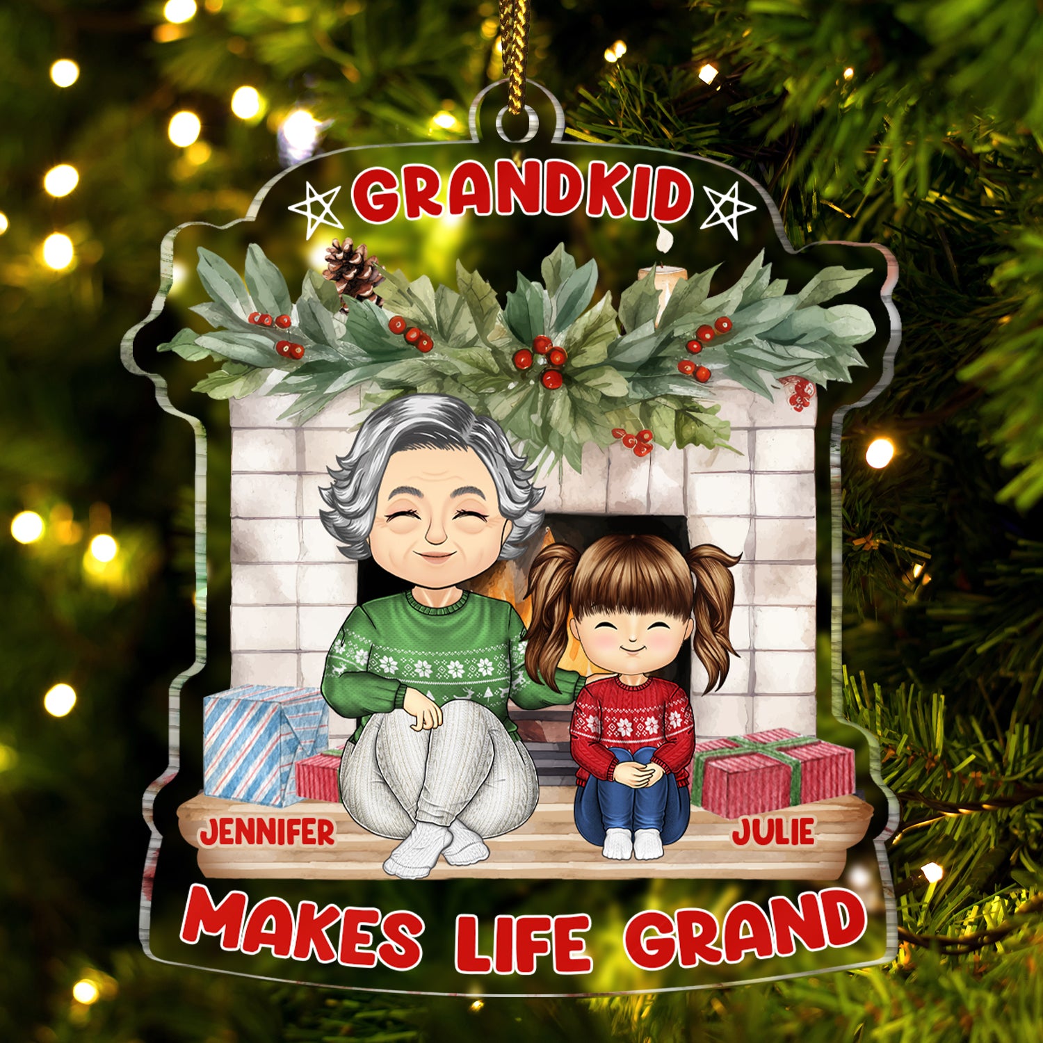 Grandma Grandkid Makes Life Grand - Christmas Gift For Grandmother - Personalized Custom Shaped Acrylic Ornament