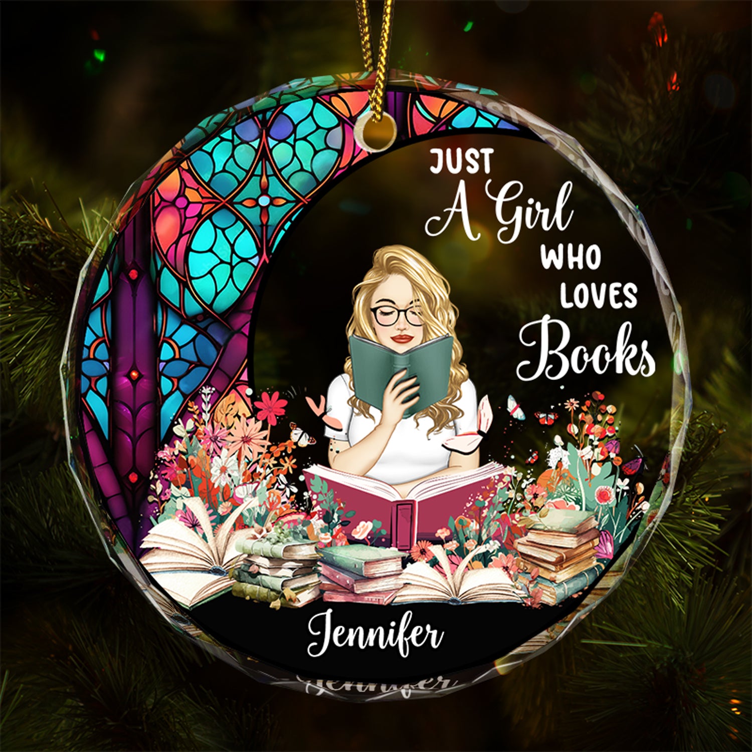 Reading Girl Who Loves Books - Personalized Circle Glass Ornament