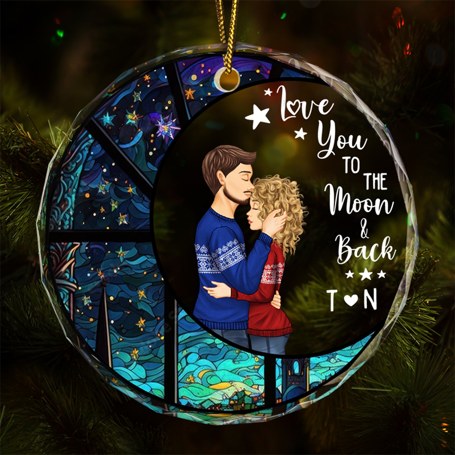 Moon & Back - Christmas Gift For Couples - Personalized Circle Glass Ornament