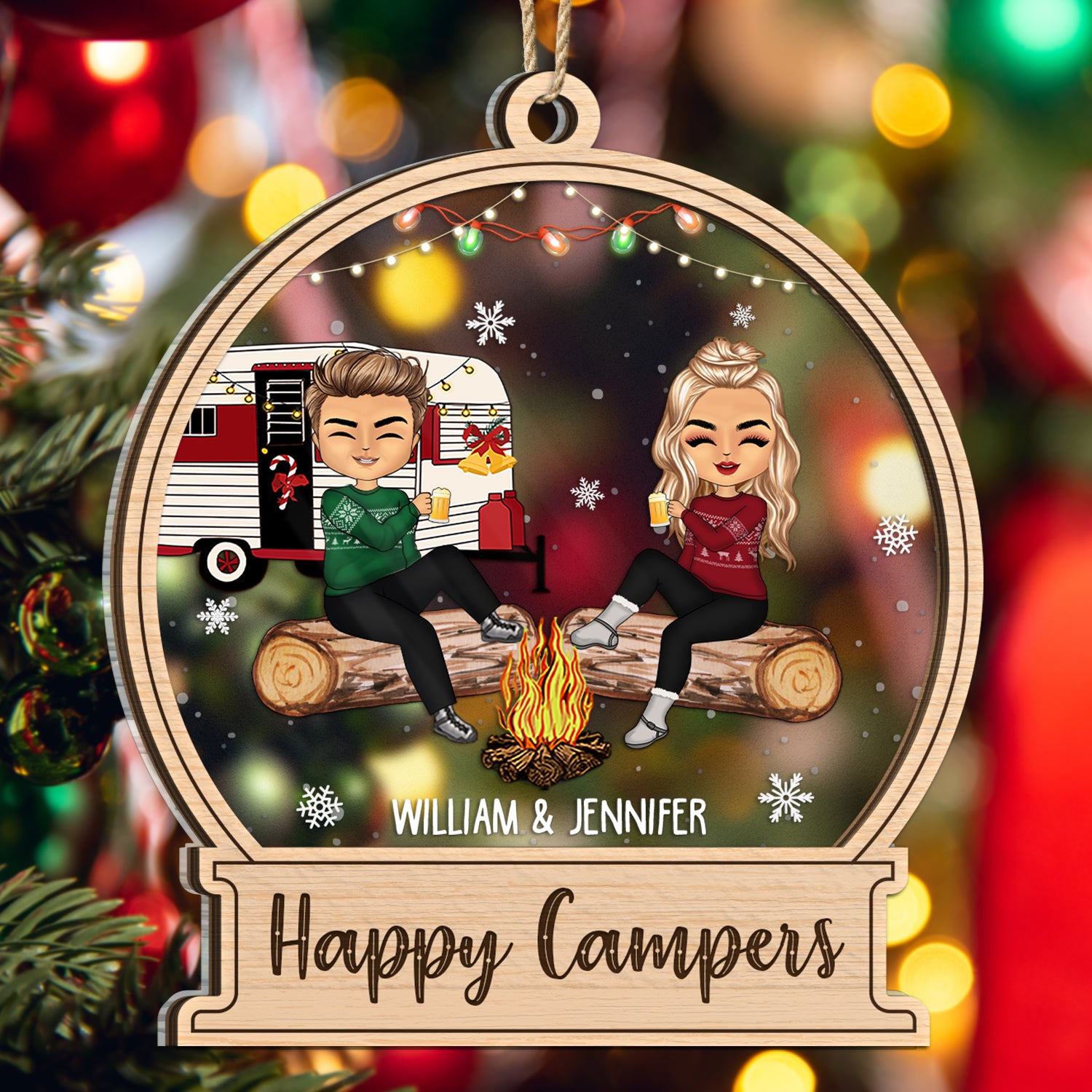Christmas Camping Couples Happy Campers - Gift For Camping Couple - Personalized 2-Layered Mix Ornament