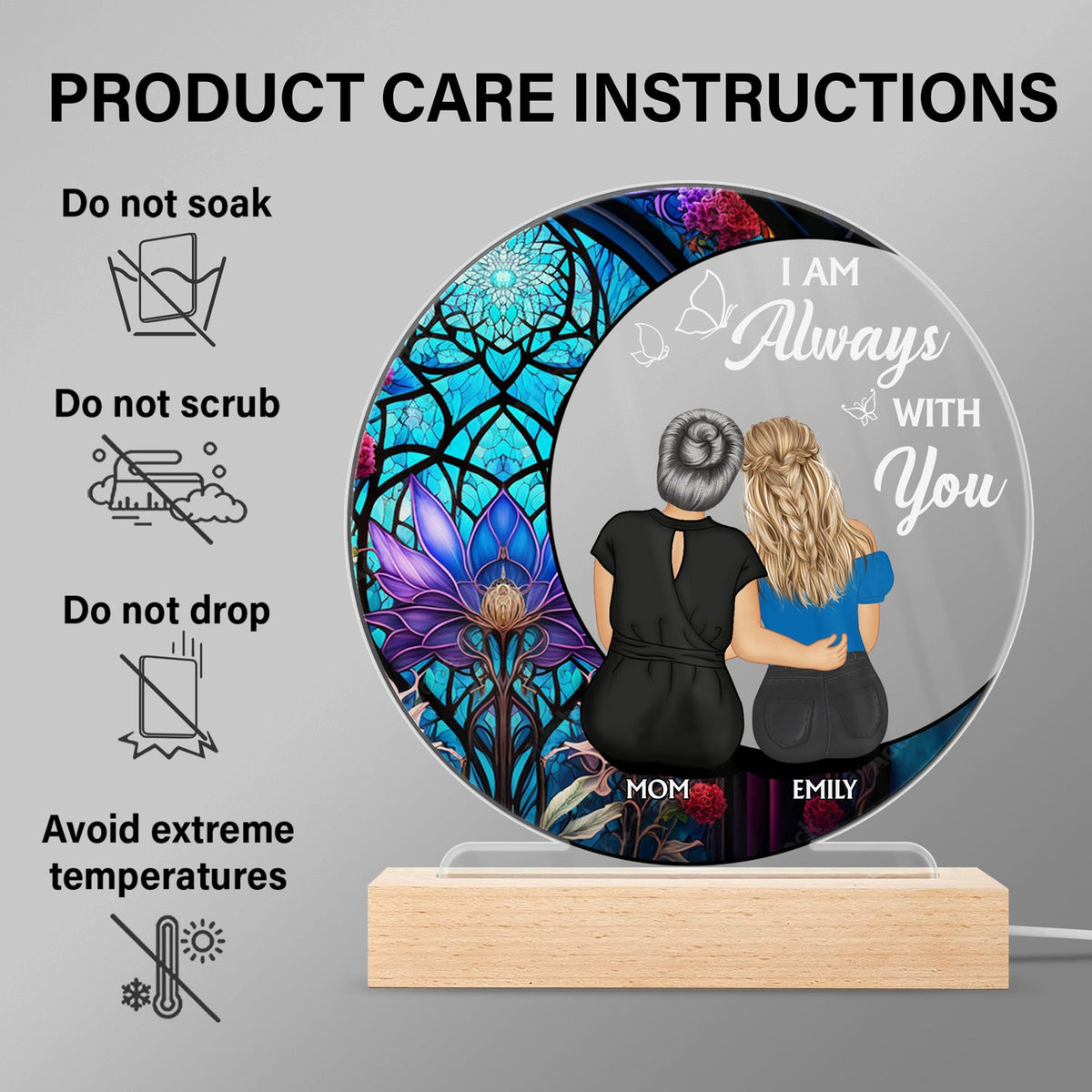 Always With You Mother Daughter - Memorial Gift - Personalized 3D Led Light Wooden Base