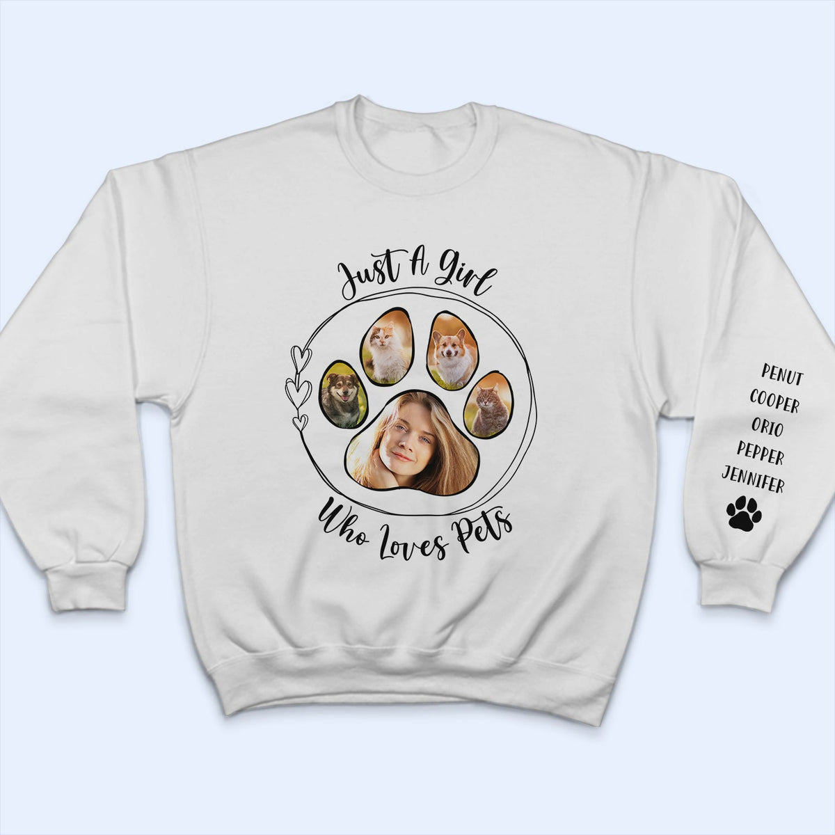 Photo personnalisée « Juste une fille qui aime les chiens » - Cadeau pour les amoureux des chiens - Sweat-shirt personnalisé avec empreinte sur la manche