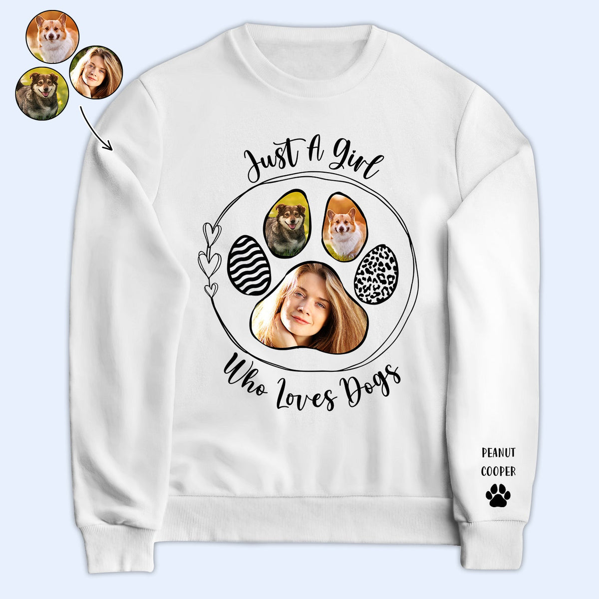 Photo personnalisée « Juste une fille qui aime les chiens » - Cadeau pour les amoureux des chiens - Sweat-shirt personnalisé avec empreinte sur la manche