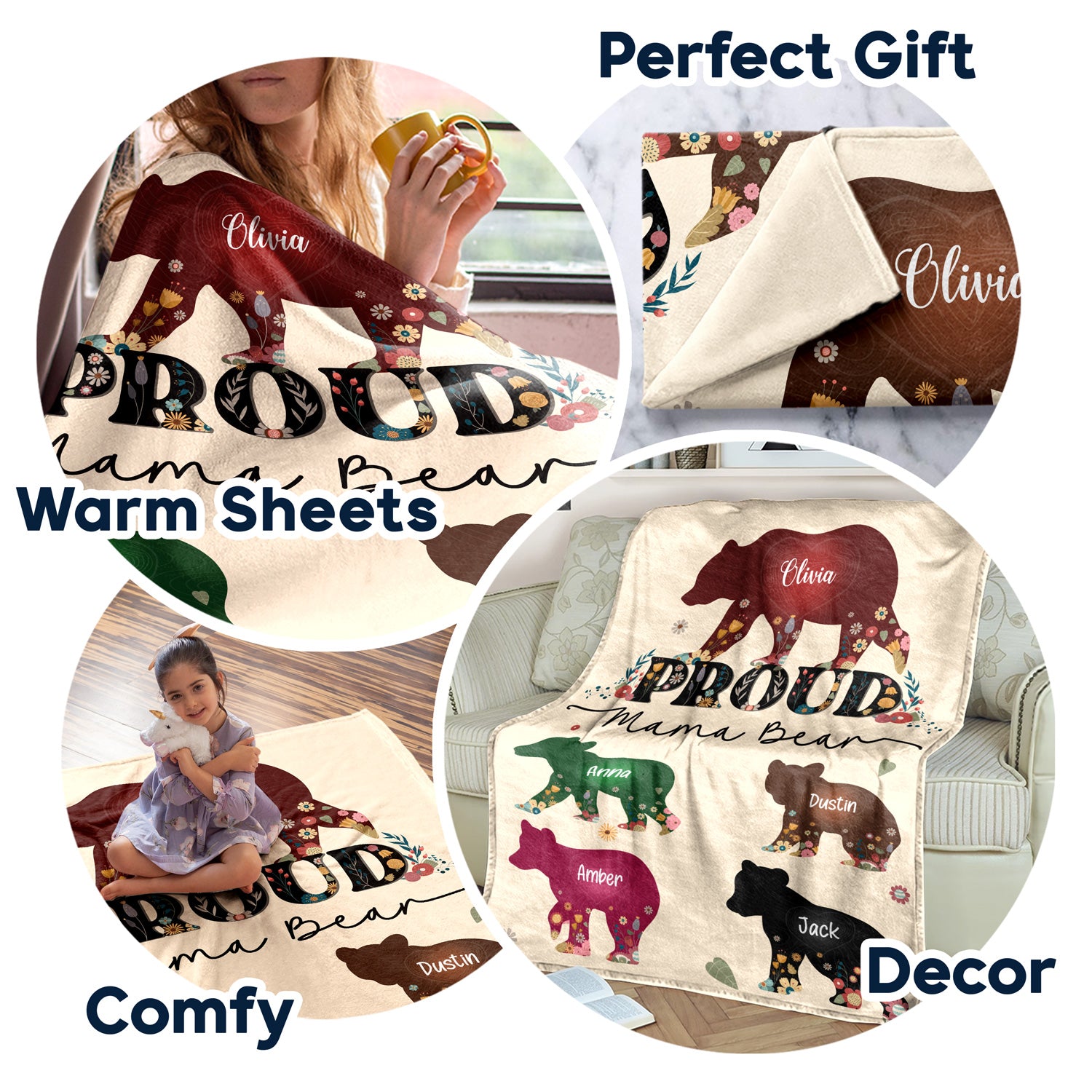 Personalized Mama Bear Blanket with Cubs Names - 3 Size Options/Up to 6  Children - Gifts for Mom, Custom Mom Blanket