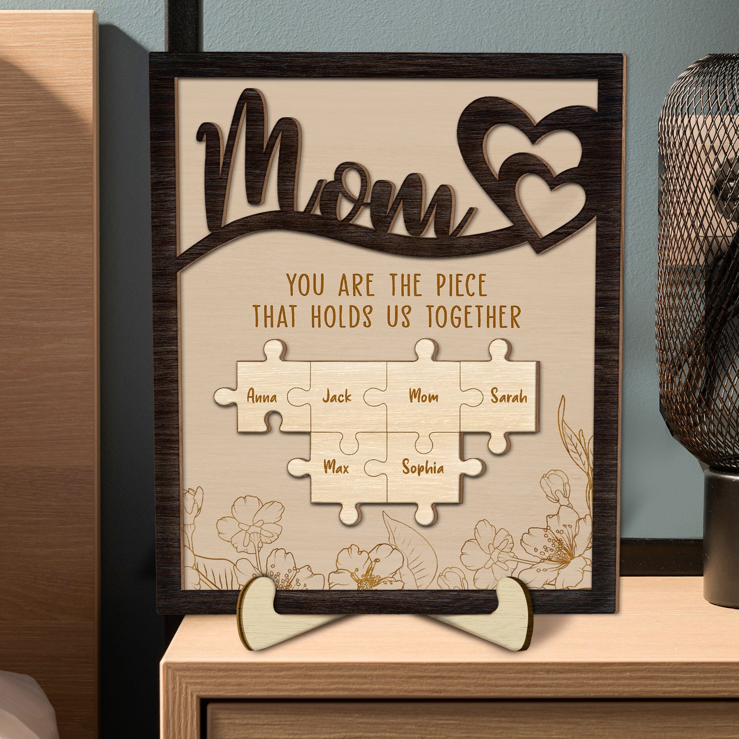 The Piece That Holds Us Together - Loving Gift For Mom, Grandma - Personalized 2-Layered Wooden Plaque With Stand