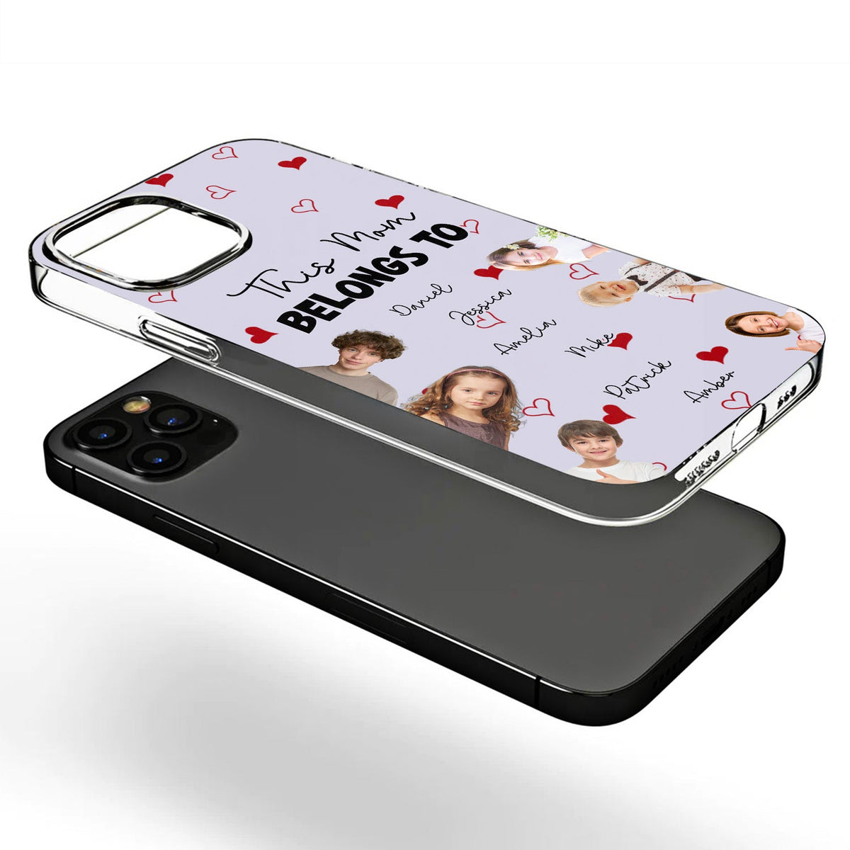 Photo personnalisée pour enfants à qui appartient ce papa et cette maman - Cadeau pour maman et papa - Coque de téléphone transparente personnalisée