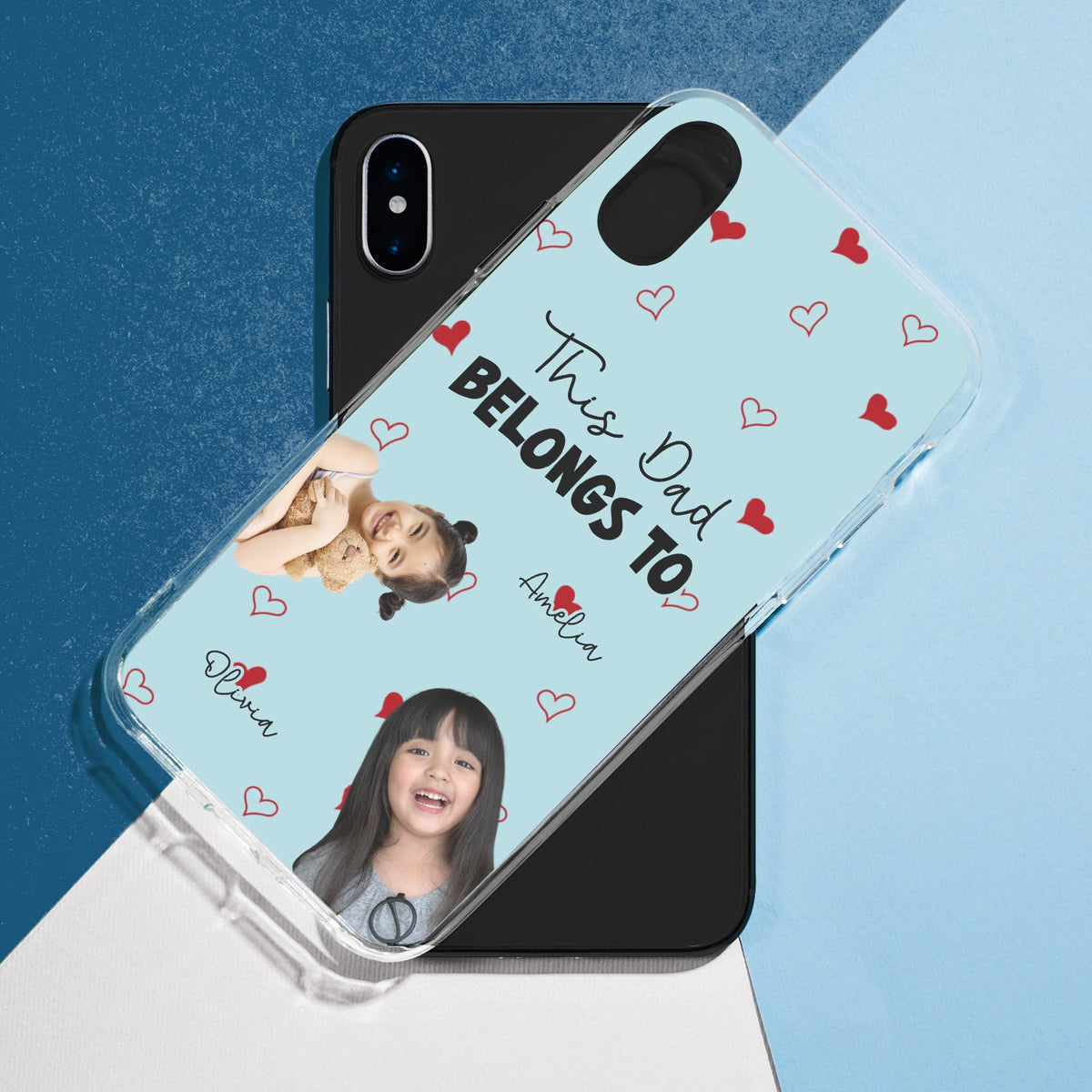 Photo personnalisée pour enfants à qui appartient ce papa et cette maman - Cadeau pour maman et papa - Coque de téléphone transparente personnalisée