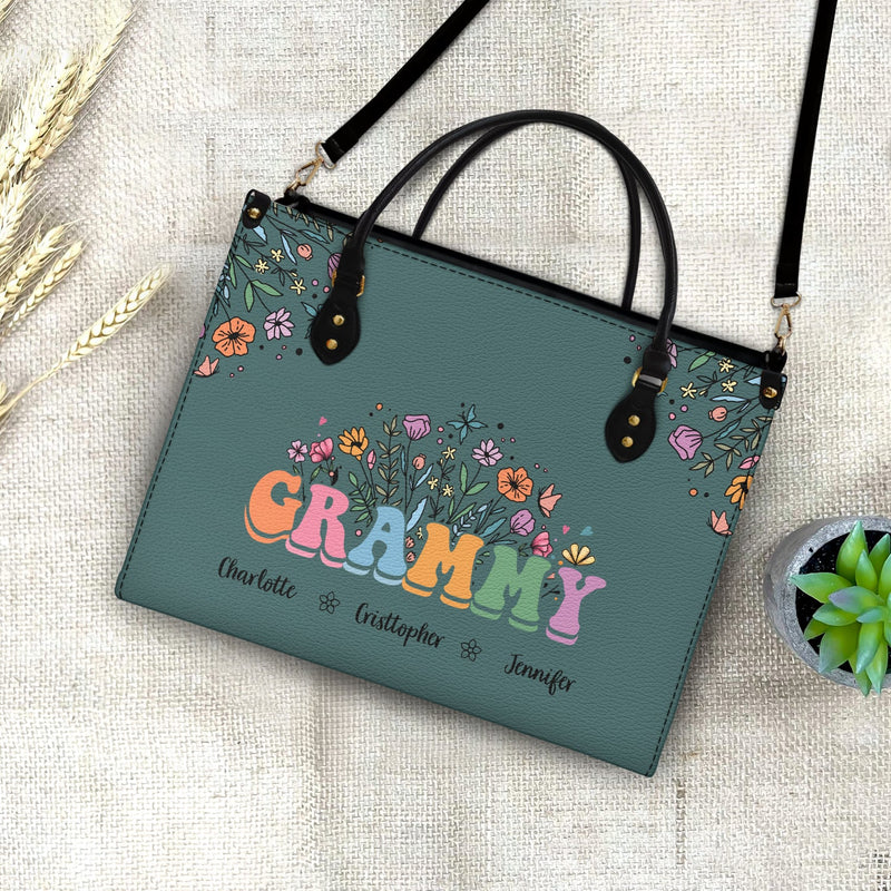 Mom Grandma Floral - Gift For Mother, Grandmother - Personalized Leather Bag
