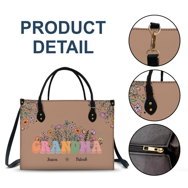 Mom Grandma Floral - Gift For Mother, Grandmother - Personalized Leather Bag