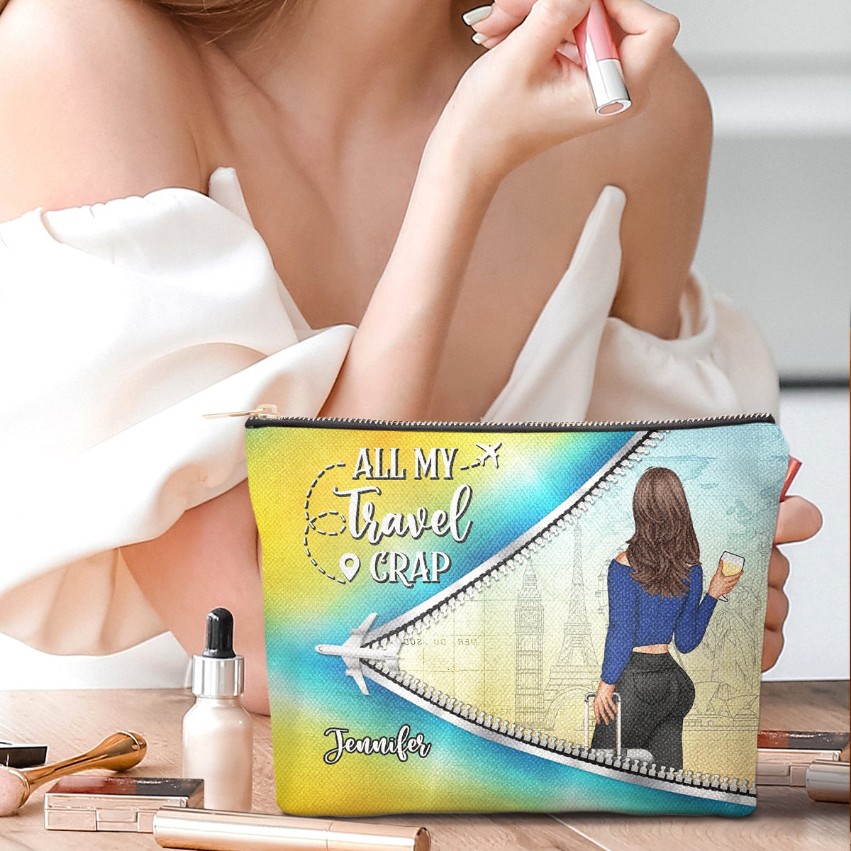 Toutes mes conneries de voyage - Cadeau amusant pour les amoureux du voyage, les voyageurs et les femmes - Trousse de maquillage personnalisée