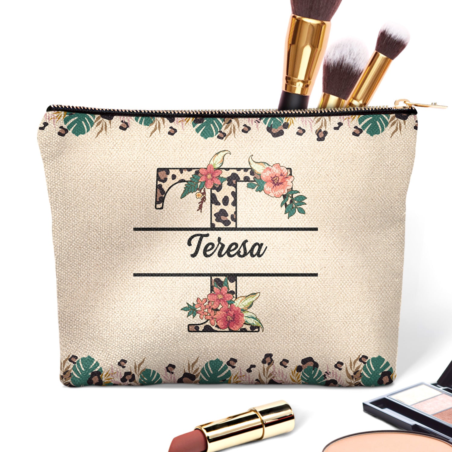Monogram Letter Leopard Pattern - Gift For Women, Yourself - Personalized Cosmetic Bag