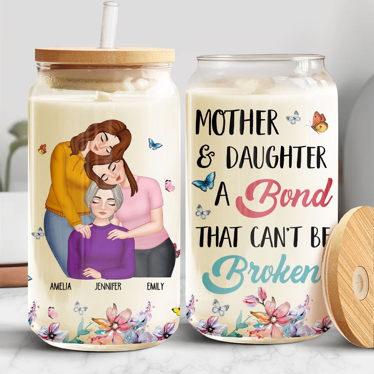 Mother & Daughters A Bond That Can't Be Broken - Gift For Mom, Mama - Personalized Clear Glass Can