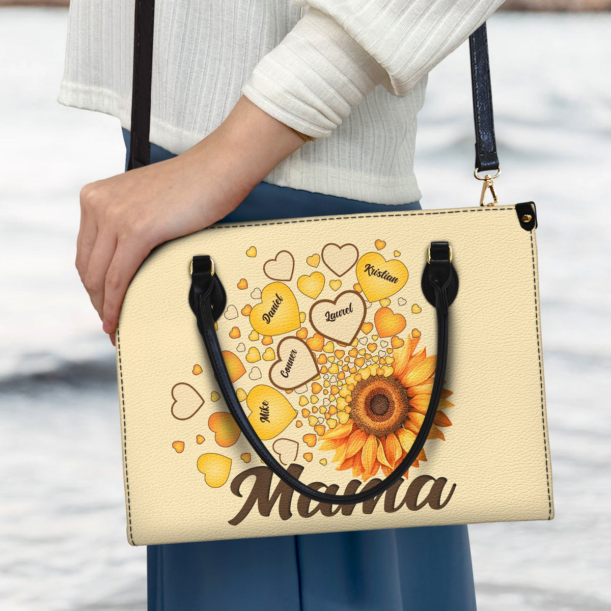 Grandma Mom Kids Sunflower - Gift For Mother, Grandmother - Personalized Leather Bag