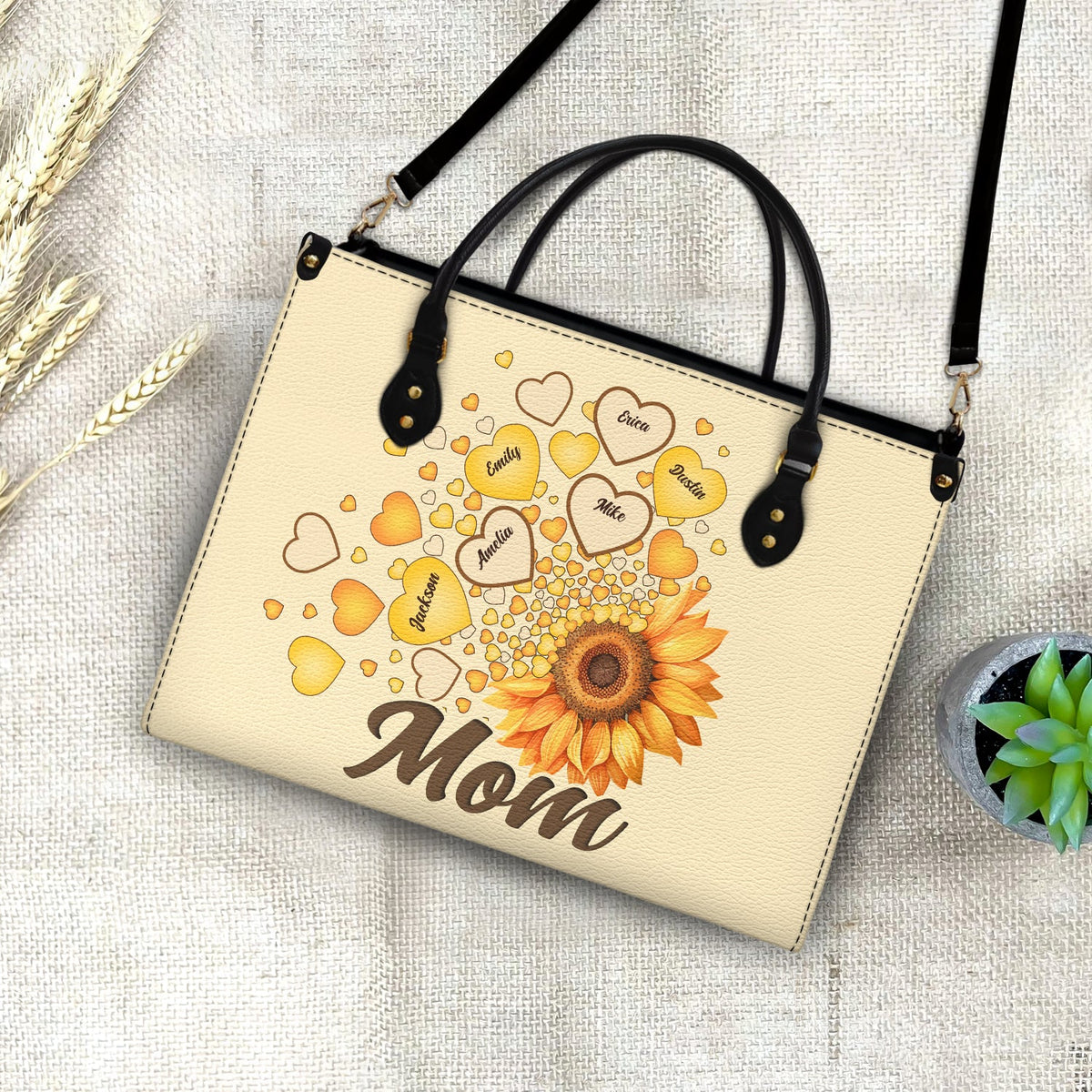 Grandma Mom Kids Sunflower - Gift For Mother, Grandmother - Personalized Leather Bag