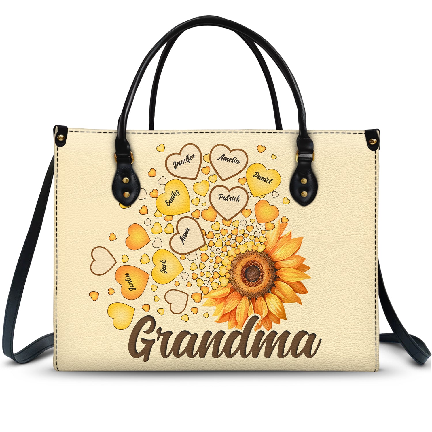 Grandma Mom Kids Sunflower - Gift For Mother, Grandmother - Personalized Leather Bag