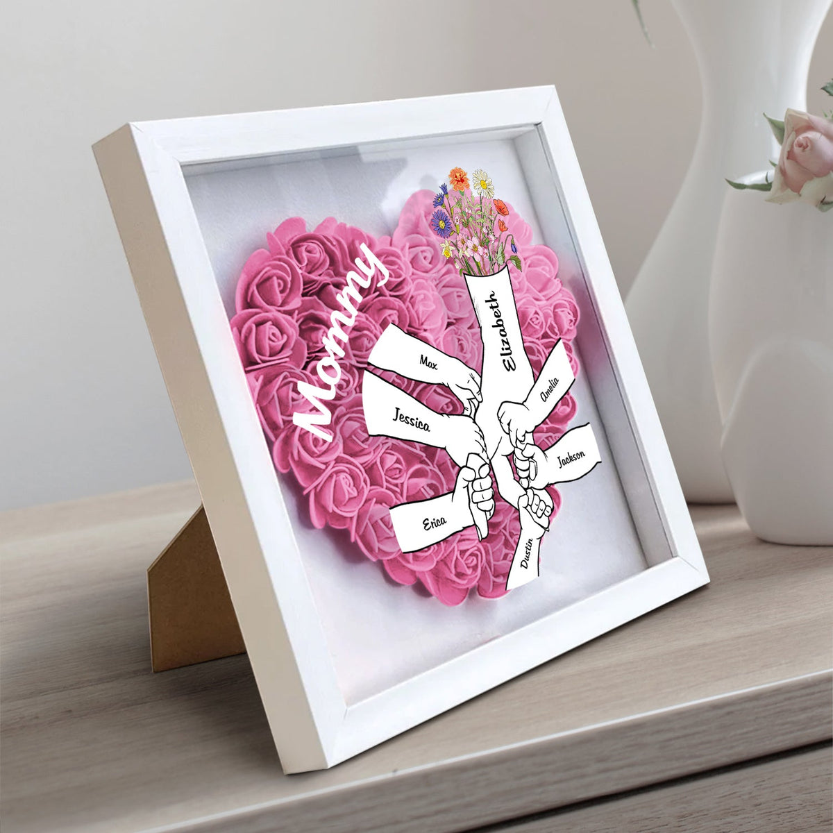 Mom Grandma Kids Hand In Hand - Gift For Mother, Grandmother - Personalized Flower Shadow Box