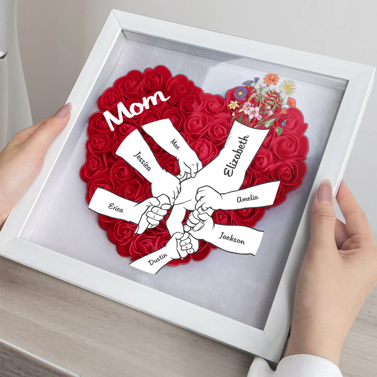 Mom Grandma Kids Hand In Hand - Gift For Mother, Grandmother - Personalized Flower Shadow Box