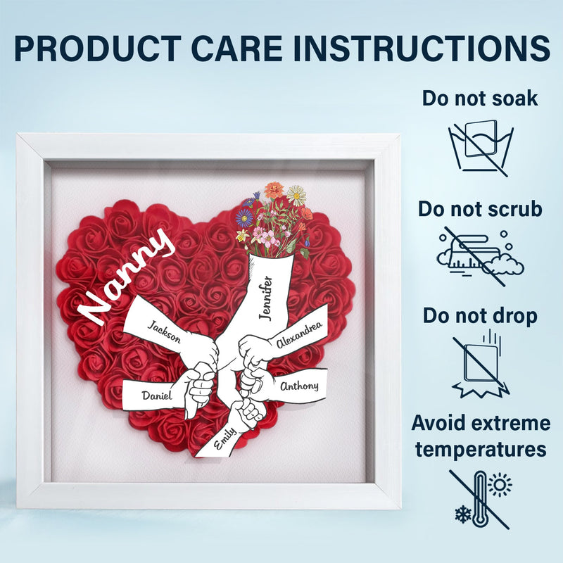 Mom Grandma Kids Hand In Hand - Gift For Mother, Grandmother - Personalized Flower Shadow Box