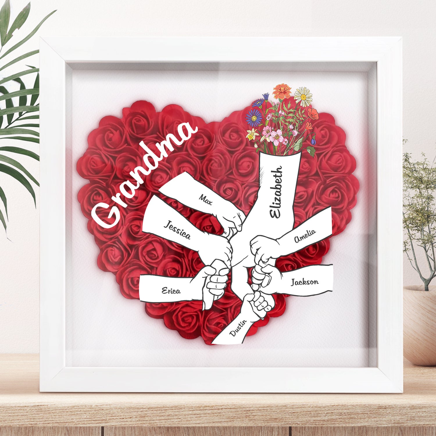 Mom Grandma Kids Hand In Hand - Gift For Mother, Grandmother - Personalized Flower Shadow Box