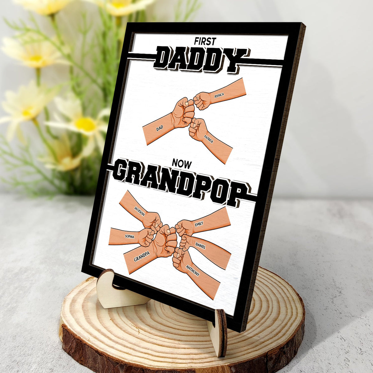 First Dad Now Grandpa Hand Punch - Gift For Father, Grandpa - Personalized 2-Layered Wooden Plaque With Stand