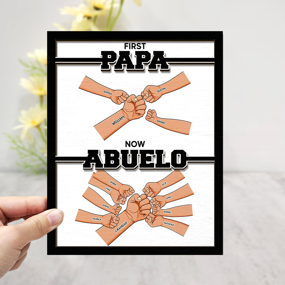 First Dad Now Grandpa Hand Punch - Gift For Father, Grandpa - Personalized 2-Layered Wooden Plaque With Stand