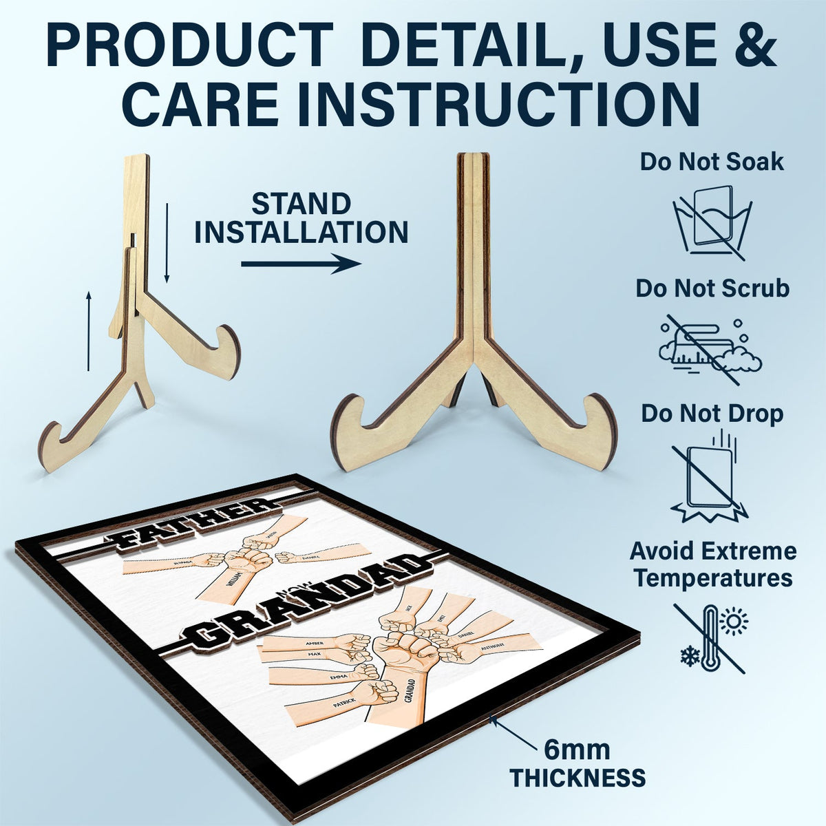 First Dad Now Grandpa Hand Punch - Gift For Father, Grandpa - Personalized 2-Layered Wooden Plaque With Stand