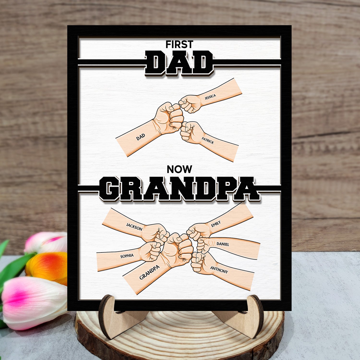 First Dad Now Grandpa Hand Punch - Gift For Father, Grandpa - Personalized 2-Layered Wooden Plaque With Stand