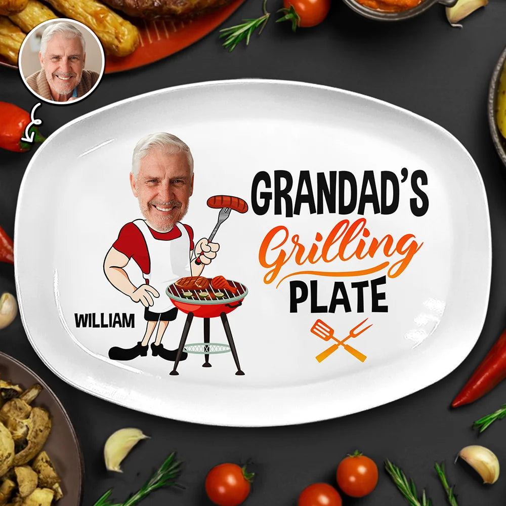 Custom Photo,Gift For Father,Gift For Grandpa,Grilling,Funny - Custom Photo Dad Grandad's Grilling Plate - Personalised Plate