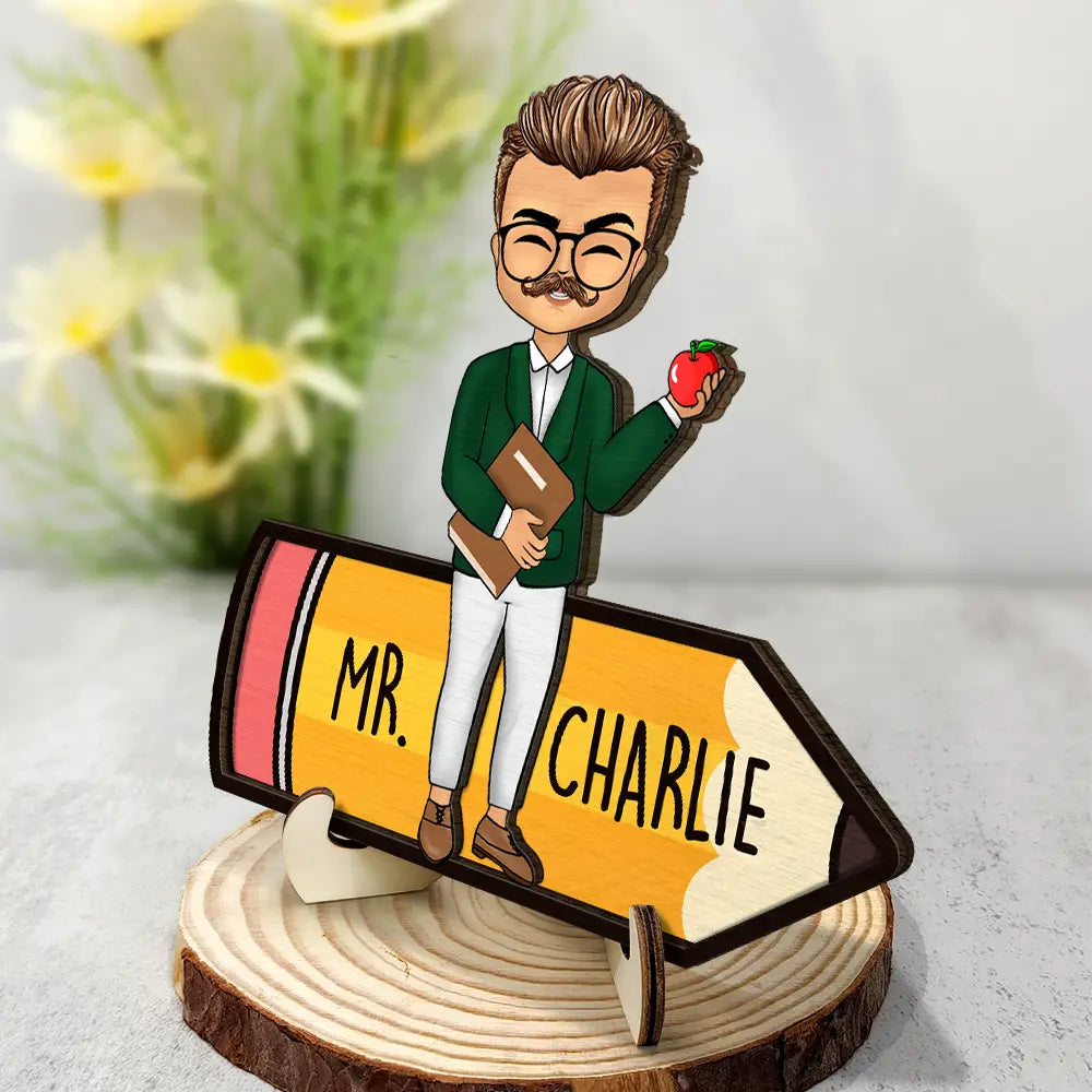 Teacher Pencil - Personalized 2-Layered Wooden Plaque With Stand