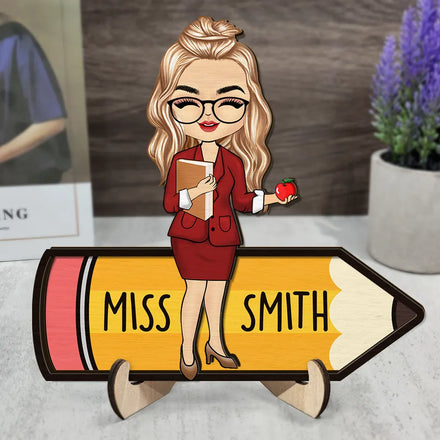 Teacher Pencil - Personalized 2-Layered Wooden Plaque With Stand