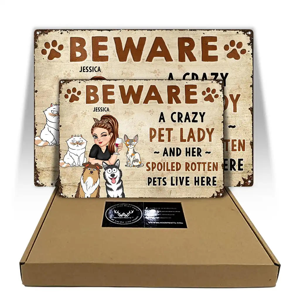 Beware A Crazy Dog & Cat Lady - Personalized Classic Metal Signs