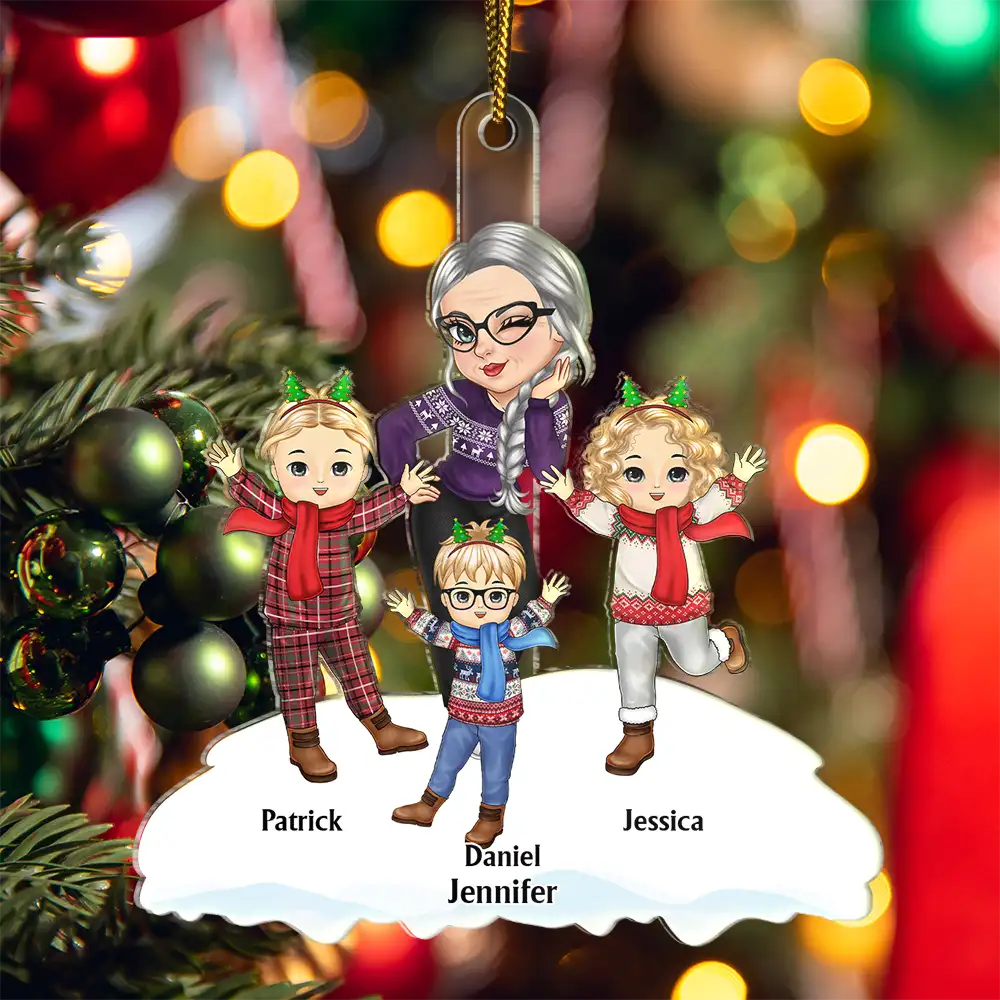 Christmas Grandma Mom Happy Dancing Kids - Personalized Cutout Acrylic Ornament