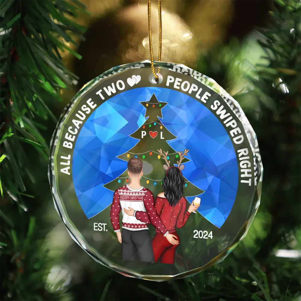 Two People Swiped Right - Personalized Circle Glass Ornament