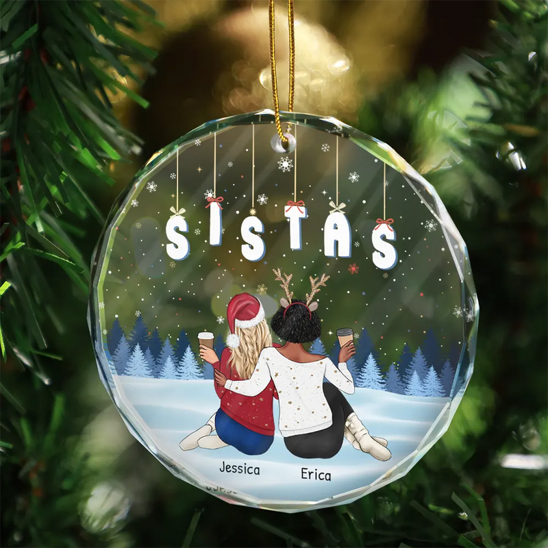 Christmas,Gift For Bestie,Gift For Sisters,Gift For Brothers,Gift For Sibling,Happy - Friends Besties Sisters Brothers Sitting Together - Personalized Circle Glass Ornament