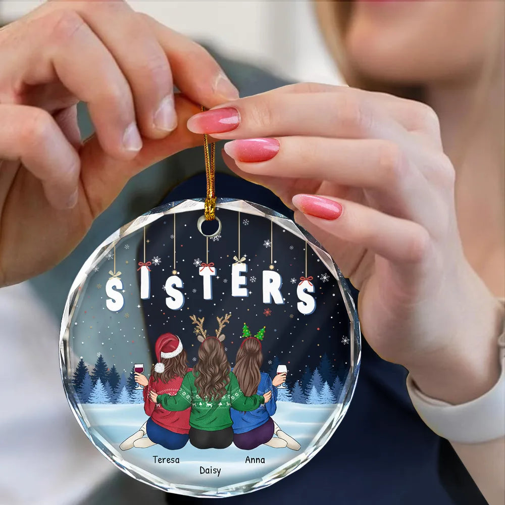 Christmas,Gift For Bestie,Gift For Sisters,Gift For Brothers,Gift For Sibling,Happy - Friends Besties Sisters Brothers Sitting Together - Personalized Circle Glass Ornament
