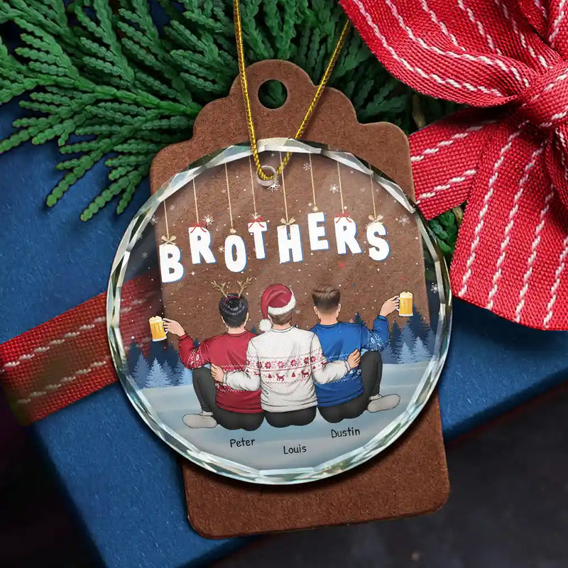 Christmas,Gift For Bestie,Gift For Sisters,Gift For Brothers,Gift For Sibling,Happy - Friends Besties Sisters Brothers Sitting Together - Personalized Circle Glass Ornament