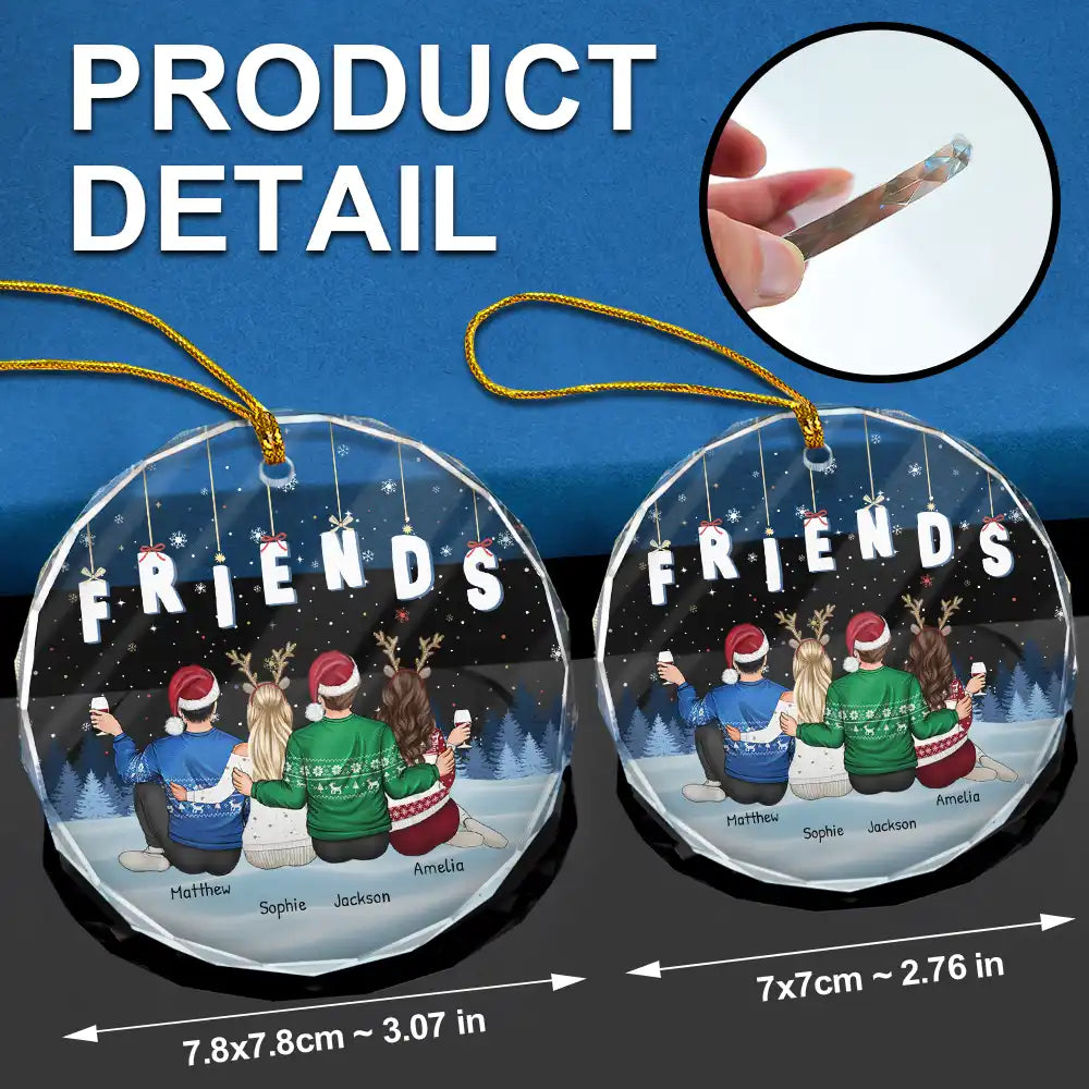 Christmas,Gift For Bestie,Gift For Sisters,Gift For Brothers,Gift For Sibling,Happy - Friends Besties Sisters Brothers Sitting Together - Personalized Circle Glass Ornament