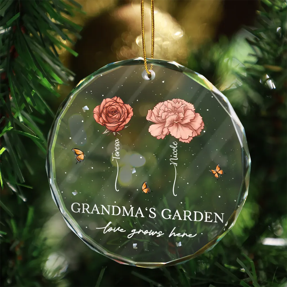 Christmas,Gift For Grandma,Gift For Grandparents,Happy - Grandma's Garden Love Grows Here - Personalized Circle Glass Ornament