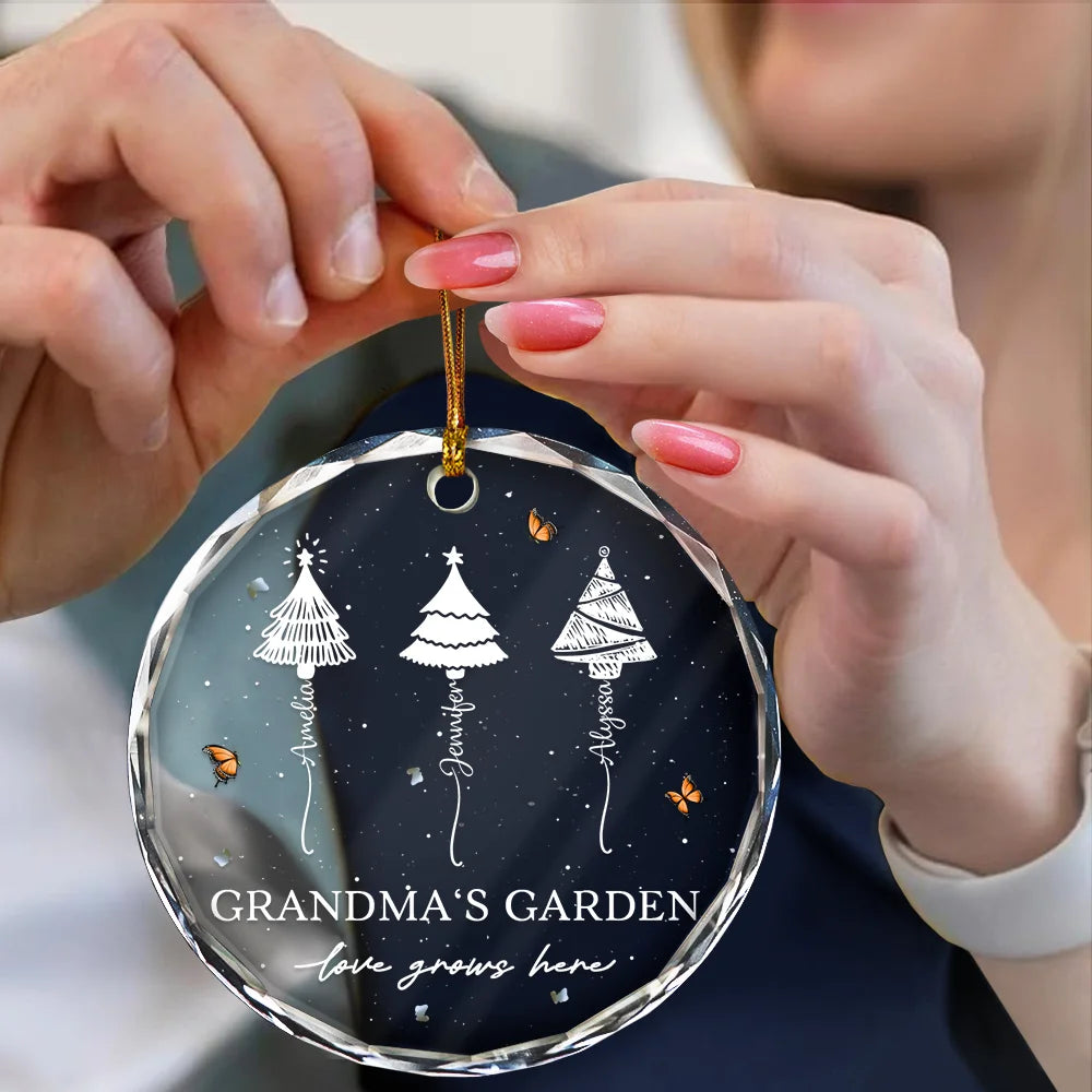 Christmas,Gift For Grandma,Gift For Grandparents,Happy - Grandma's Garden Love Grows Here - Personalized Circle Glass Ornament