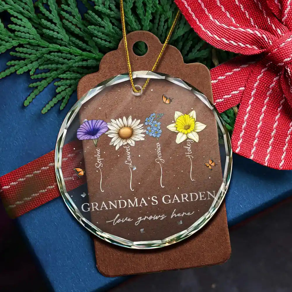 Christmas,Gift For Grandma,Gift For Grandparents,Happy - Grandma's Garden Love Grows Here - Personalized Circle Glass Ornament