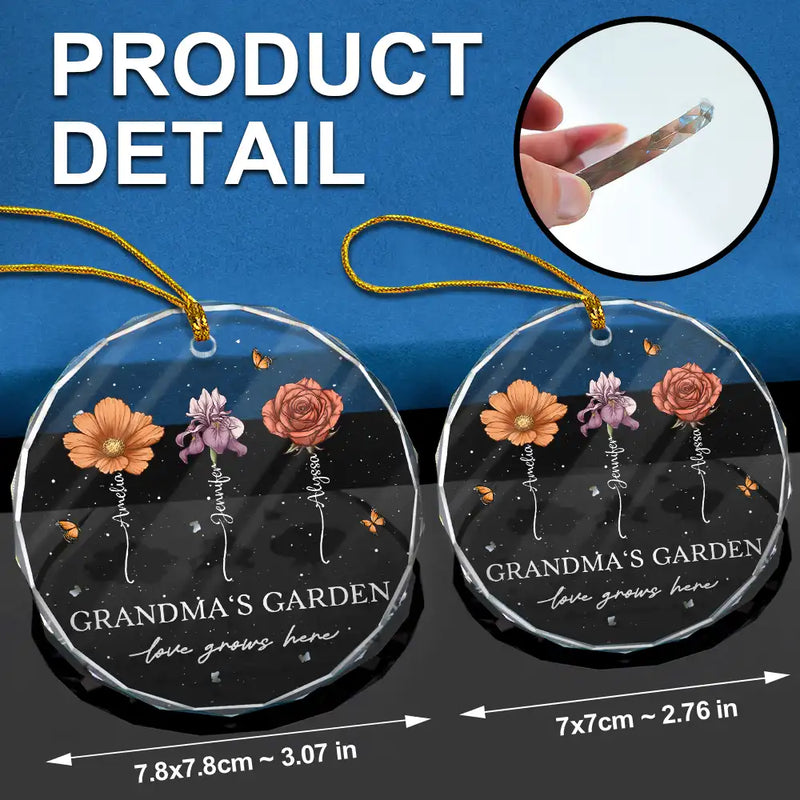 Christmas,Gift For Grandma,Gift For Grandparents,Happy - Grandma's Garden Love Grows Here - Personalized Circle Glass Ornament
