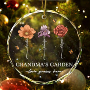 Christmas,Gift For Grandma,Gift For Grandparents,Happy - Grandma's Garden Love Grows Here - Personalized Circle Glass Ornament