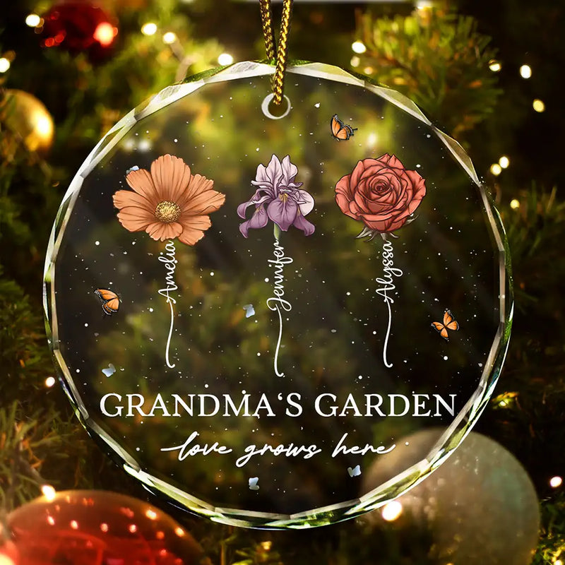 Christmas,Gift For Grandma,Gift For Grandparents,Happy - Grandma's Garden Love Grows Here - Personalized Circle Glass Ornament