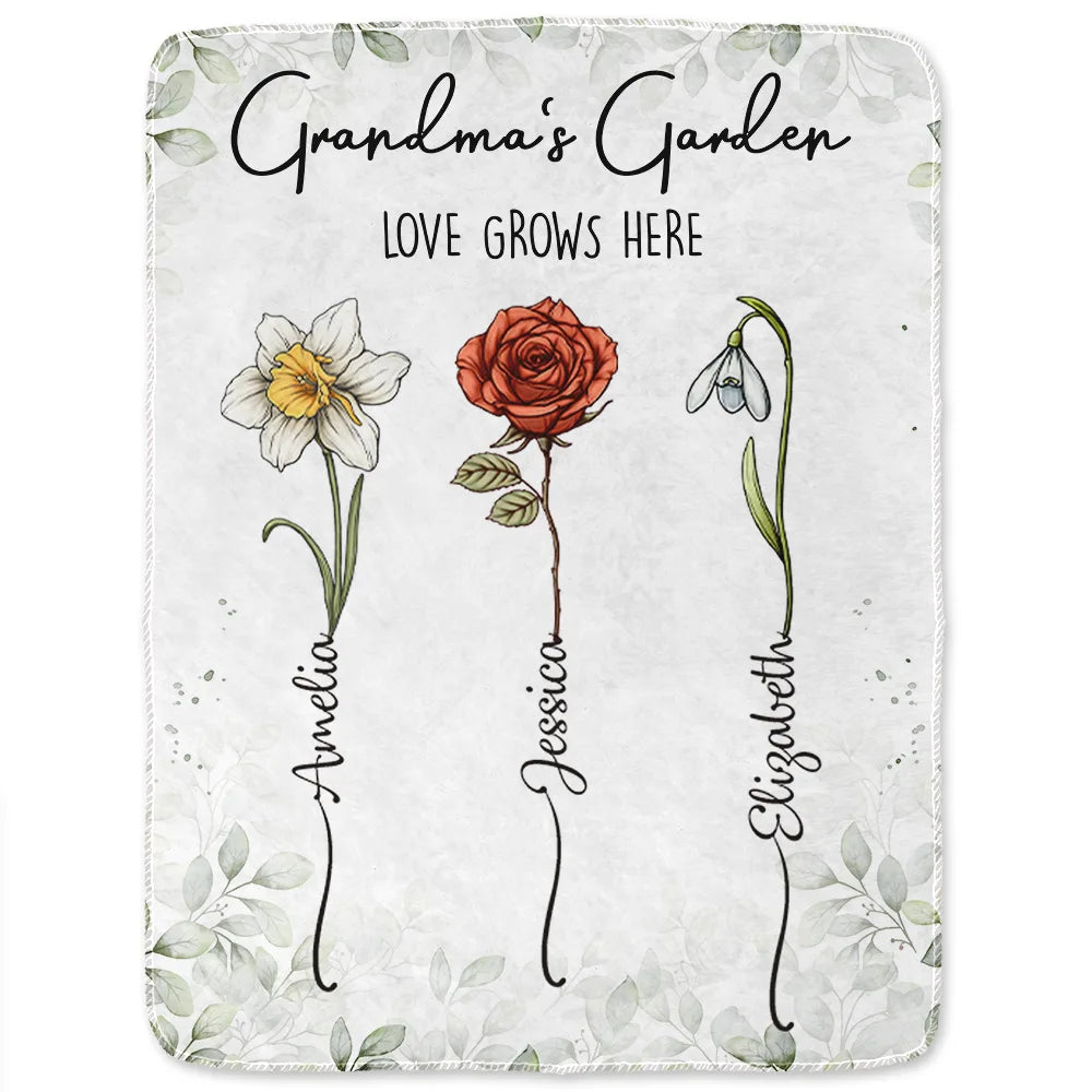Gift For Grandma, Gift For Mother - Birth Flower Garden Love Grows Here - Personalized Fleece Blanket, Sherpa Blanket