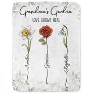 Gift For Grandma, Gift For Mother - Birth Flower Garden Love Grows Here - Personalized Fleece Blanket, Sherpa Blanket