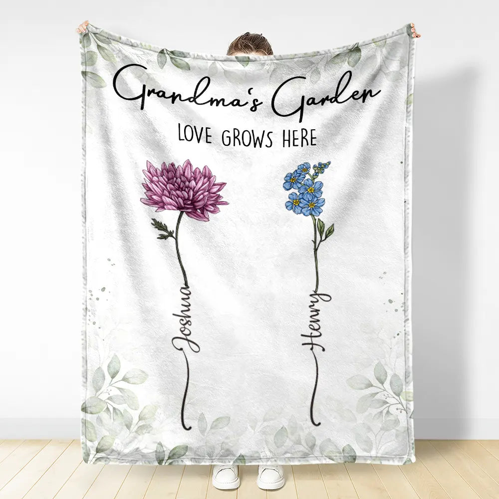 Gift For Grandma, Gift For Mother - Birth Flower Garden Love Grows Here - Personalized Fleece Blanket, Sherpa Blanket