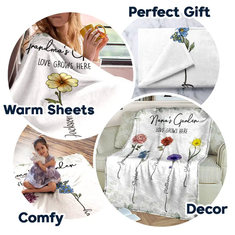 Gift For Grandma, Gift For Mother - Birth Flower Garden Love Grows Here - Personalized Fleece Blanket, Sherpa Blanket