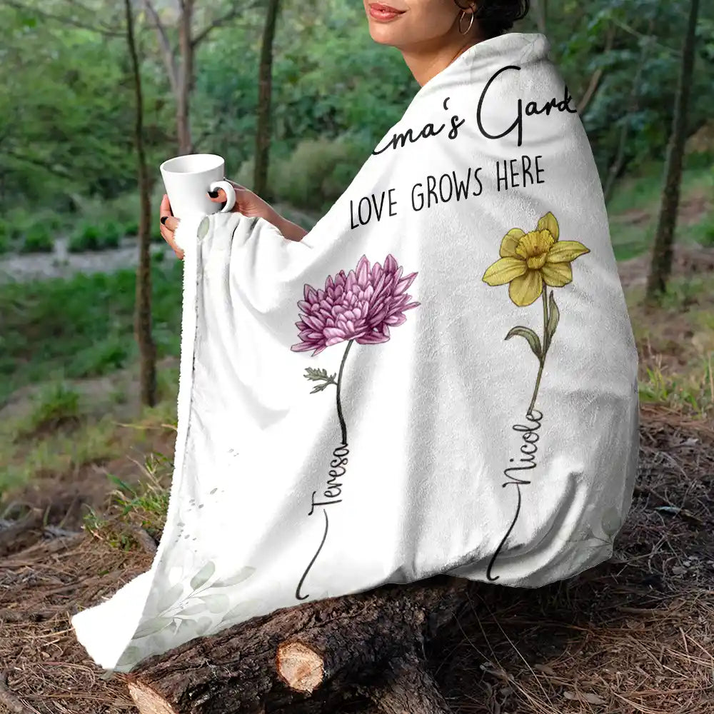 Birth Flower Garden Love Grows Here - Personalized Fleece Blanket, Sherpa Blanket