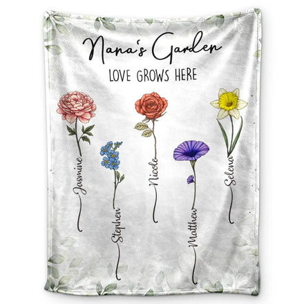 Birth Flower Garden Love Grows Here - Personalized Fleece Blanket, Sherpa Blanket