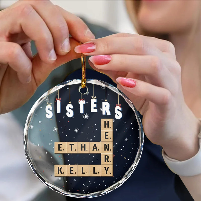 Gift For Bestie, Family, Gift For Brothers, Gift For Sisters, Gift For Sibling - Friends Besties Sisters Brothers Family Crossword Scrabble - Personalized Circle Glass Ornament